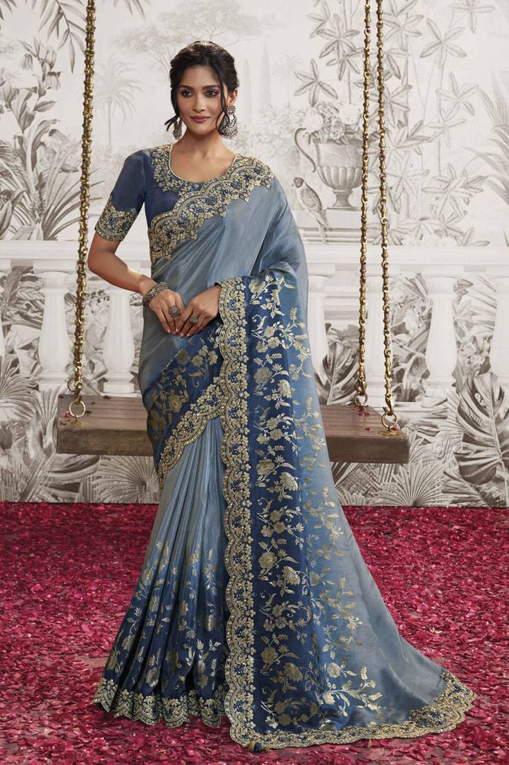 Stone blue silk saree with blouse