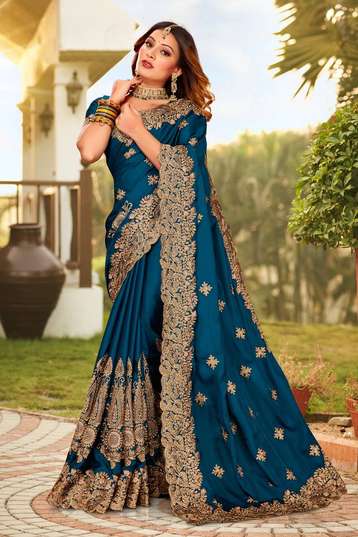 Teal blue zari resham